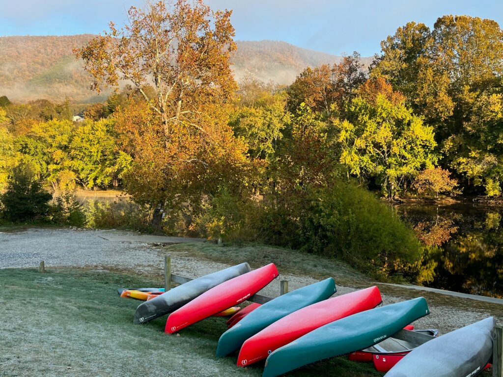 Canoes resting on a hill