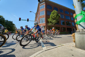 Cyclists race on city streets in Roanoke, VA.