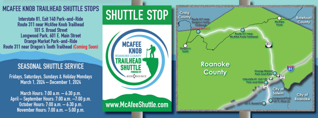 Graphic for McAfee Knob Shuttle Service including times and a map of the stops.